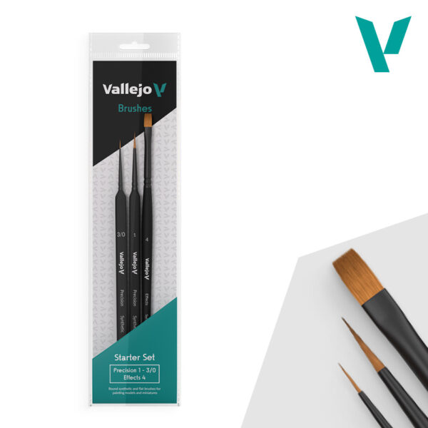 Set de pinceles Vallejo: Starter Set (Redondo mango triangular No.1 & 3/0, Plano No.4, sintéticos)